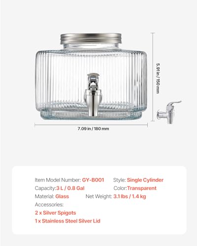 VEVOR Beverage Dispenser, 0.8 Gallon Drink Dispensers for Parties, Glass Juice Dispenser with No-Drip Spigot and Lid, Iced...