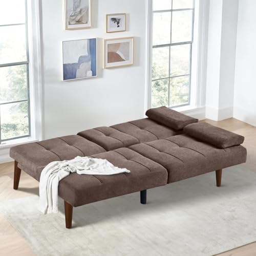 COLAMY Futon Sofa Bed-Fabric Small Couch, Lounge Convertible with 2 Cup Holders, Removable Soft Armrest, Adjustable Backrest for Dorm/Bedroom/College