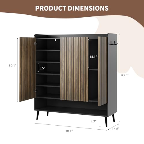 GarveeHome Shoe Cabinet,Large Shoe Cabinet with 3 Doors,Adjustable Shelves, Shoe Organizer with Doors for Hallway, Entryway, Living Room,Black+Nut-Brown