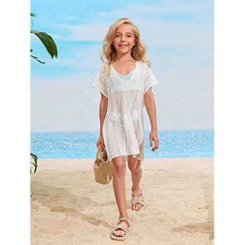 SOLY HUX Girl's V Neck Crochet Short Sleeve Beach Dress Summer Swimsuit Bikini Cover Up