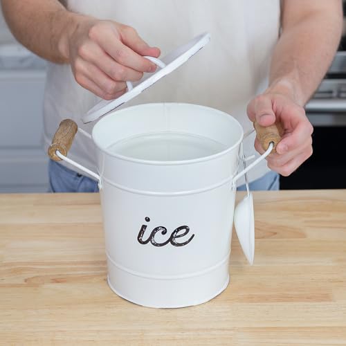 AuldHome Design Rustic Enamelware Ice Bucket; White Farmhouse Style Insulated Ice Server