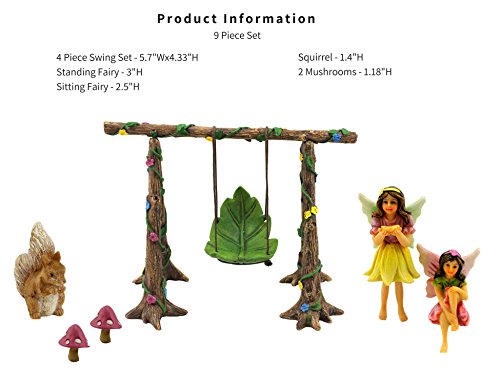 PRETMANNS Fairy Garden Accessories Starter Kit with Figurines, Swing Set, Squirrel & 2 Mushrooms – Ideal for Indoor Outdoor Miniature Garden – 6 Hand-Painted Resin Items