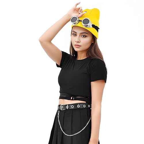 Vintage Steampunk Goggles Glasses with Yellow Beanie Hat, Halloween Costume Accessories for Adult, Halloween Cosplay Party Set