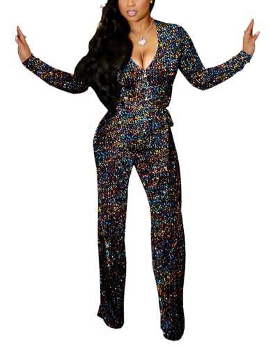 JTNFairy Sexy Sequin Jumpsuits for Women Plus Size Elegant Clubwear Sparkly High Waisted Wide Leg Pant Disco Outfits