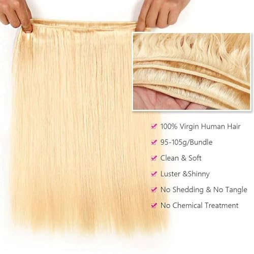 613 Straight Bundles Human Hair 3Bundles Real Human Hair Bundles Extensions Light Blonde Color 3Bundles Human Hair enough to full head(141618 Inch)