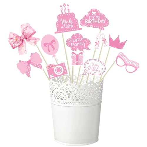 Pink Party Decorations Photo Booth Props Signs,25pcs Pink Birthday Decorations Selfie Props with Sticks for Women Coquette...