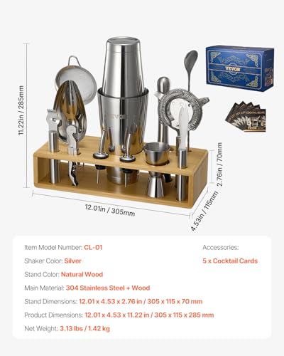 VEVOR Cocktail Shaker Set, 13-Piece Stainless Steel Bar Tools with Bamboo Stand, Boston Bartender Kit Accessories | Mixer ...