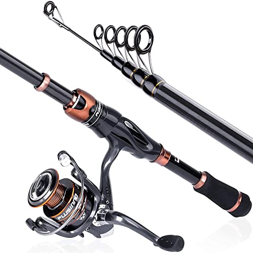 PLUSINNO Fishing Rod and Reel Combos, Bronze Warrior Toray IM6 Carbon Matrix Telescopic Fishing Rod Pole, 12 +1 Shielded B...