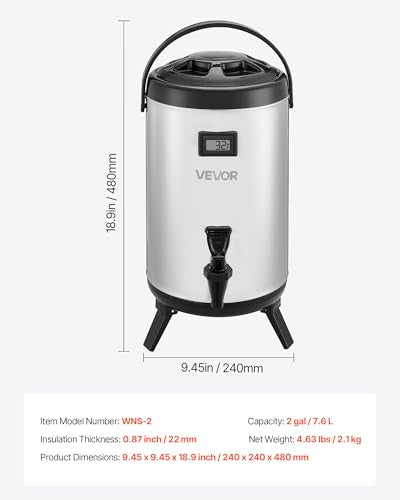 VEVOR Insulated Beverage Dispenser, 2 Gal/7.6L Stainless Steel Thermal Drink Server with Spigot & Temp Display, Suitable f...