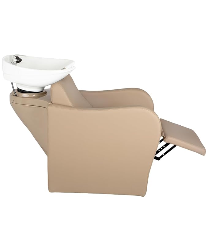 Buy-Rite Lexus Backwash Unit - Professional Salon Shampoo Chair w/Tilting Porcelain Bowl, Wide Seat, Kick-Out Legrest, Single Handle Faucet & Neck Rest β Sand Vinyl w/White Bowl, TS-8018B