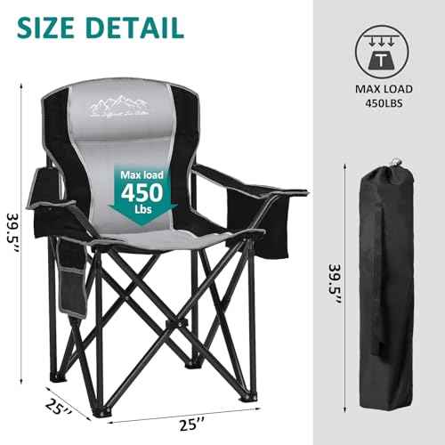 SAILARY Folding Camping Chair, Heavy Duty Portable Lawn Chairs with Cooler Bag, Side Pocket & Cup Holder, Folding Chairs for Outside Support 450lbs Black