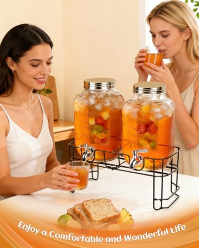 GVUHR 1 Gallon Drink Dispenser 2 Pack with Stand - Glass Beverage Dispenser for Parties, Juice, Water - Includes Spigot an...