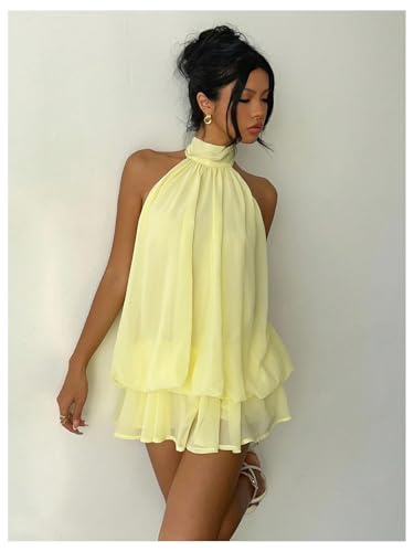 Verdusa Women's Chiffon Halter Drop Waist Wedding Guest Dresses Ruffle Summer Mini Dress Brunch Outfits