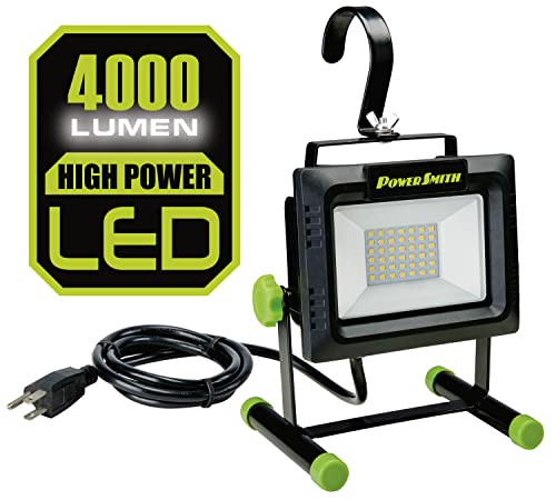 PowerSmith 4000 Lumen Portable LED Work Light with All Metal Stand and Sealed Switch for All Weather Flood Light, 5 Year Warranty (PWLS040H) , Black