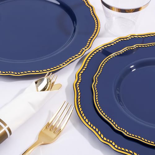 Hioasis 175pcs Blue Gold Plastic Plates - Gold Plastic Dinnerware Set Includes 25 Dinner Plates, 25 Dessert Dinnerware, 25...
