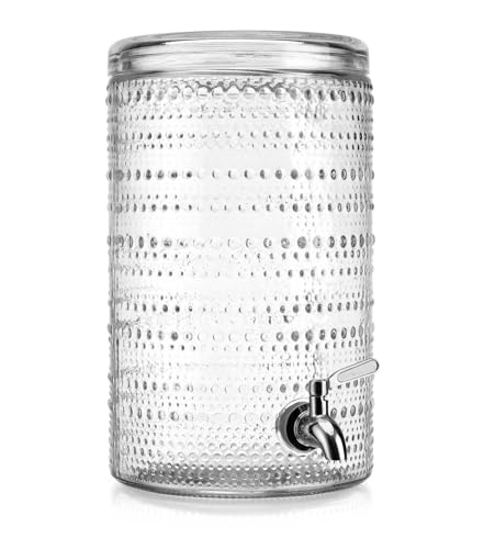 Glavers 2 Gallon Beverage Dispenser Clear Glass Hobnail Beaded Jug, Tight Lid, Side Press Stainless Steel Spigot. Cocktail...