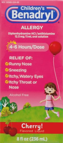 Benadryl Children's Allergy Relief Liquid Medicine with Diphenhydramine HCl Antihistamine for Kids' Allergy Relief, Effective Allergy Relief, Cherry Flavor, 8 fl. oz (Pack of 2)