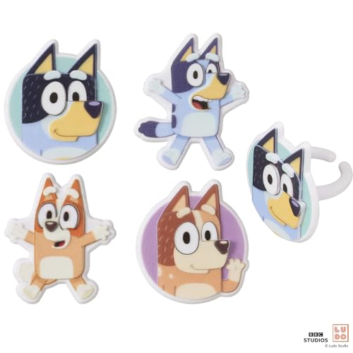 DecoPac Bluey So Much Fun Rings, 24 Cupcake Decorations Featuring Bluey, Bingo, Bandit, and Chilli, 3D Food Safe Cake Topp...