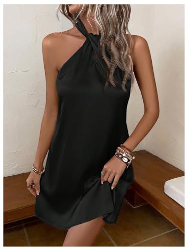 Floerns Women's Pearl Beaded Halter Twist Sleeveless Tie Back Dress A Line Dress