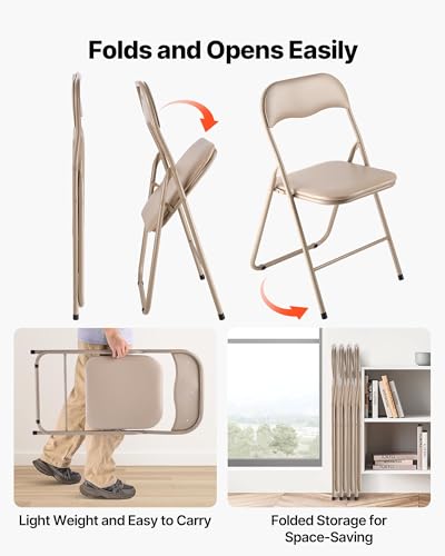 VEVOR 4 Pack Folding Chairs, Foldable Leather Chairs with Heavy Duty Metal Frame & Padded Cushion, Portable Folding Card T...