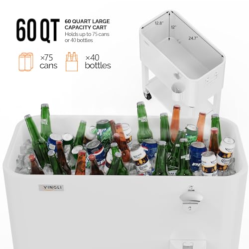 VINGLI Patio Cooler, Rolling Ice Chest on Wheels, Portable Patio Party Bar Drink Cooler Cart, with Shelf, Beverage Pool wi...