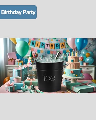 3Qt Black Galvanized Ice Bucket with Lid, Scoop & Handles - Ideal for Cocktails, Parties, BBQs, Wine & Champagne. Double-L...