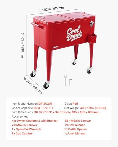 VEVOR 80 Quart Rolling Ice Chest, Holds up to 50 Bottles / 110 Cans, Portable Patio Party Bar Drink Cooler Cart with 4 Swi...