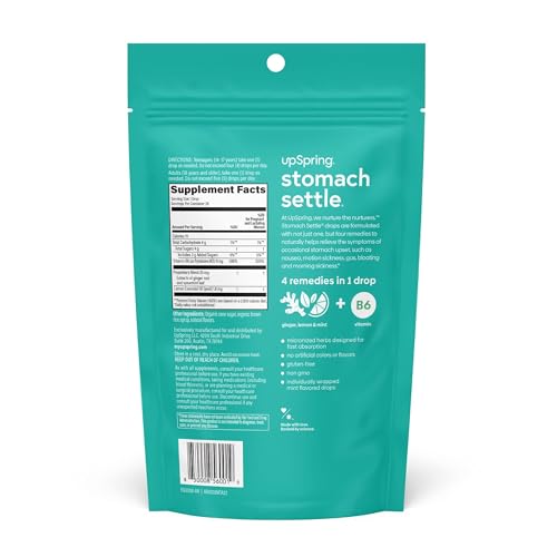 UpSpring Stomach Settle Drops for Occasional Nausea Relief, Upset Stomach and Motion Sickness with Ginger, Lemon, Spearmint and B6, Mint Flavor Drops, 56ct (Pack of 2)