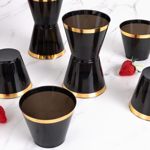 supernal 200 Pcs Gold and Black Plastic Cups-9oz Heavy Duty Plastic Cups,Gold Rimmed Disposable Cups,Disposable Wine Glass...