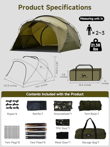 MC TOMOUNT 2~3 Person Camping Tent with Stove Jack - 4 Season Dome Shelter Tent, 40D Nylon, Ultralight Aluminum Poles, Dou...