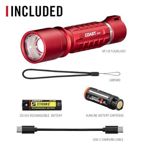 Coast XP11R 2600 Lumen USB-C Rechargeable LED Flashlight with Slide Focus¢ç?and Pure Beam¢ç Focusing Optic, 4 Light Modes, Red