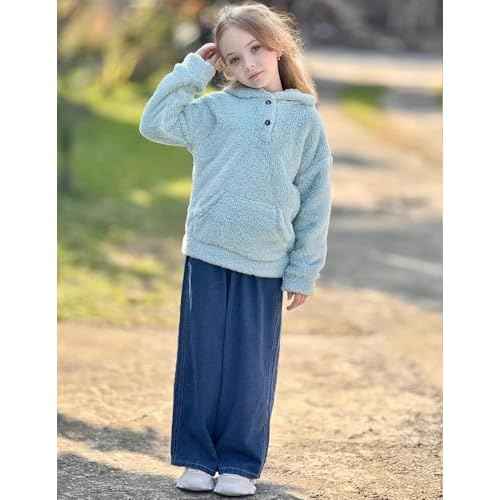 Arshiner Girls Hoodie Sherpa Fleece Pullover Hooded Sweatshirt for Girl Button Up Casual Outerwear Coat With Pockets
