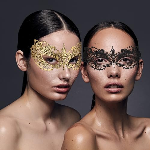 Wullina Masquerade Mask 4Pcs Mysterious Lace Black Gold Silver Masquerade Masks for Women Men Couples Prom Costumes