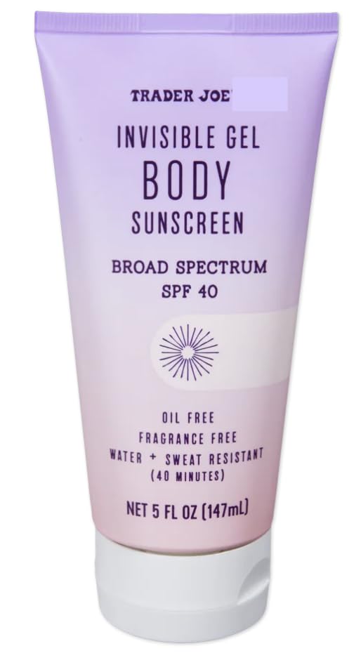 Trader Joes Invisible Gel Body Sunscreen Broad Spectrum SPF 40 Oil Free Clear Color Gel Formula Fragrance Free Water Sweat Resis