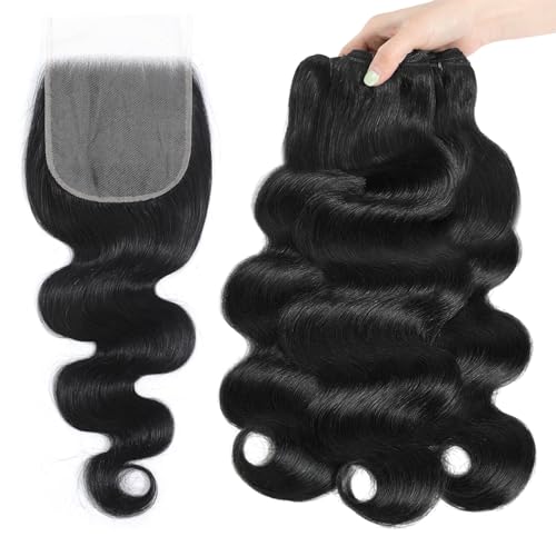 12A Human Hair Bundles 3 Bundles with Closure 14 16 18+12 Inch Body Wave Bundle Human Hair with 5x5 Closure 100% Brazilian Virgin Quick Weave Natural