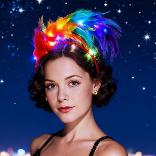 DRESBE Light Up 1920s Feather Fascinator Headband LED Cocktail Tea Party Hair Accessories for Women