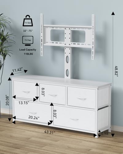 DrawXynth TV Stand with Mount, Fabric Dresser with 5 Drawers for 32/45/55/60/65/75 inch TVs, White Dresser Entertainment Center, Modern Media TV Console Table