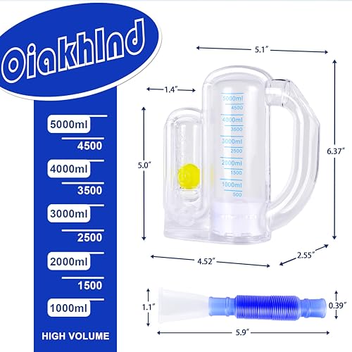 Incentive Spirometer,Adult Lung Trainer,Breathing Trainer - 5000ML Inhale Volume Measurement, Equipped with Ball Flow Rate Indicator & Scale Indicator