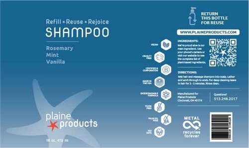 Plaine Products Eco-Friendly Shampoo and Conditioner - Rosemary, Mint, Vanilla - Sulfate & Paraben Free, 16oz Refill Bottles