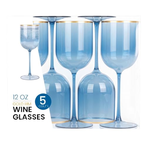 Blue Plastic Wine Glasses With Gold Rim - 12oz (5-Pack) Reusable, Disposable Cups for Parties and Events