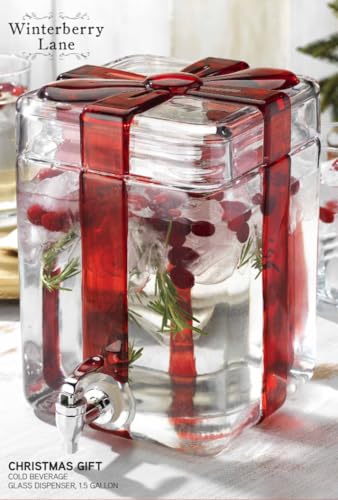 Gift Box Drink dispenser with Red Ribbon Design, Glass Beverage Dispenser For Christmas Party & decorations, Gift Ready Pa...