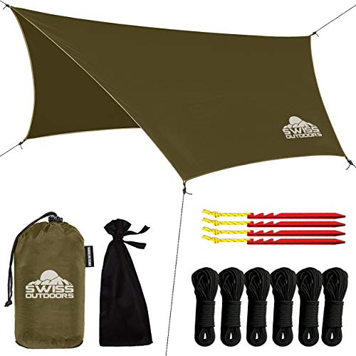 Swiss Outdoors Rain Fly Tarp | Waterproof Tent Shelter Canopy | Lightweight Easy Setup for Hammock, Backpacking or Camp Ge...