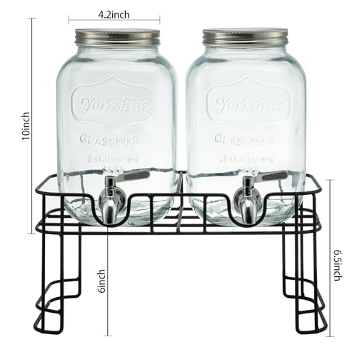 1 Gallon Glass Drink Dispensers for Parties, 2PACK Beverage Dispenser with Stand, Ice Cylinder and Stainless Steel Spigot ...