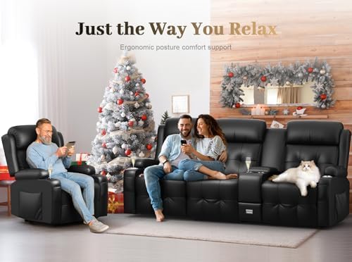 Aotolo Recliner Sofa, 3 Seater Massage Reclining Loveseat Sofa Sets, 1 Single Power Recliner Chairs Heat & Massage, Heavy Weight Capacity, RV Clearance Love Seat Couch with Console, USB, Type C Port