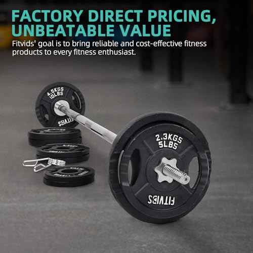 Fitvids Barbell Weight Set, Cast Iron 1" Standard Weight Plates Including 5FT Standard Barbell Bar & Star Locks, 45 Pounds Set (35 Lbs Plates + 10 Lbs Barbell Bar), Multiple Packages