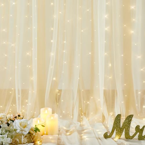 10ft x 10ft Champagne Tulle Backdrop Curtain with Lights String for Parties Wedding Bridal Shower Sheer Champagne Curtain ...