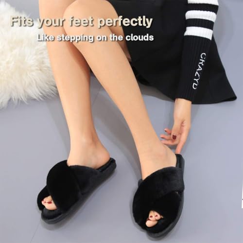 Women Fuzzy Fluffy Furry Slippers Fur Flip Flop Open Toe Slippers Cross Band Shoes Slides for Ladies House Home Indoor Out...