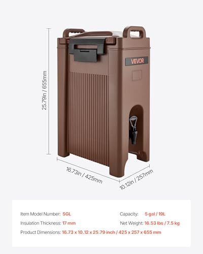 VEVOR Insulated Beverage Dispenser, 5 Gal/19L Hot and Cold Beverage Server with Spigot & Handle, Food-Grade Thermal Drink ...