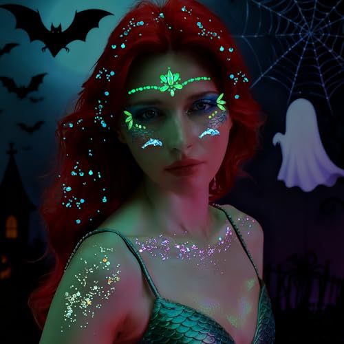 YGDZ Glow in The Dark Face Glitter, Hair Body Glitter Gel, Face Jewels Stick On for Women, Festival Carnival Outfits, Merm...