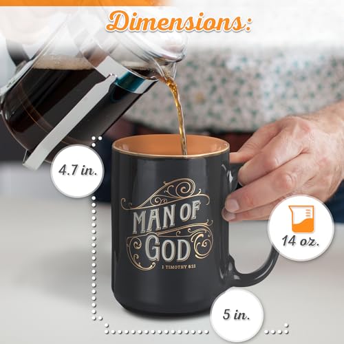 Christian Art Gifts Large Ceramic Inspirational Scripture Coffee & Tea Mug for Men: Man of God Encouraging Bible Verse, Sturdy Golden, Non-toxic Novelty Hot/Cold Beverage Cup, Black & Brown, 14 oz.